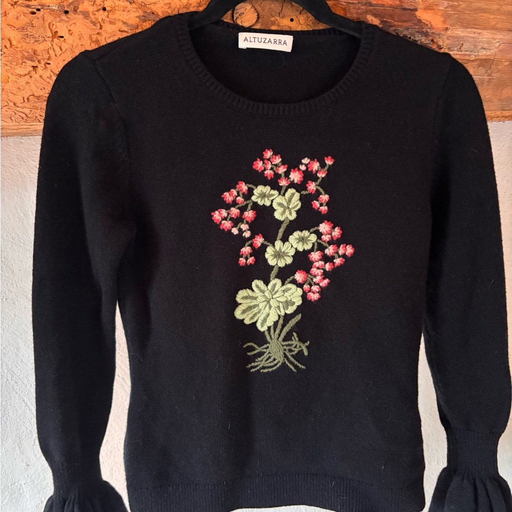 Altuzarra Black Sweater with Pink and Green Floral Design